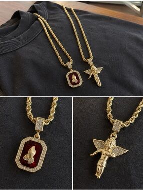Men’s Gold Angel Praying Hands Red Diamnd Pendant Set 24 30” Hip Hop Rope Chains